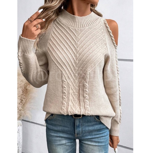 Beige Cable Knit Pullover Sweater Cold Shoulder Long Sleeve - Picture 6 of 9